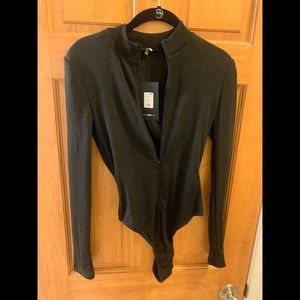 Black long-sleeve body suit with zipper